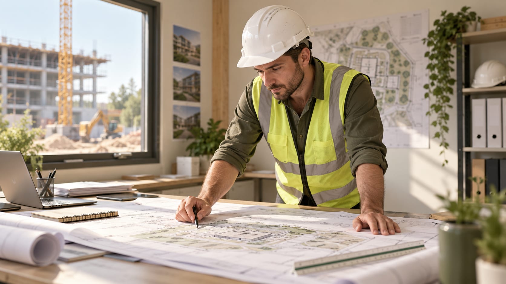 Professionnel étudiant les plans d’un projet de travaux