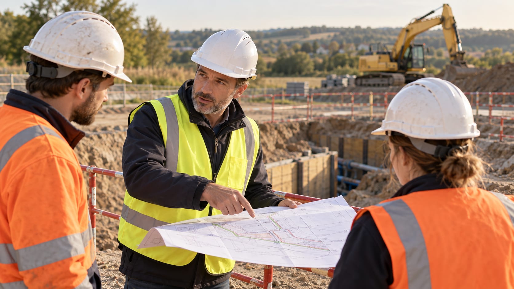 Encadrant expliquant un plan à une équipe de chantier