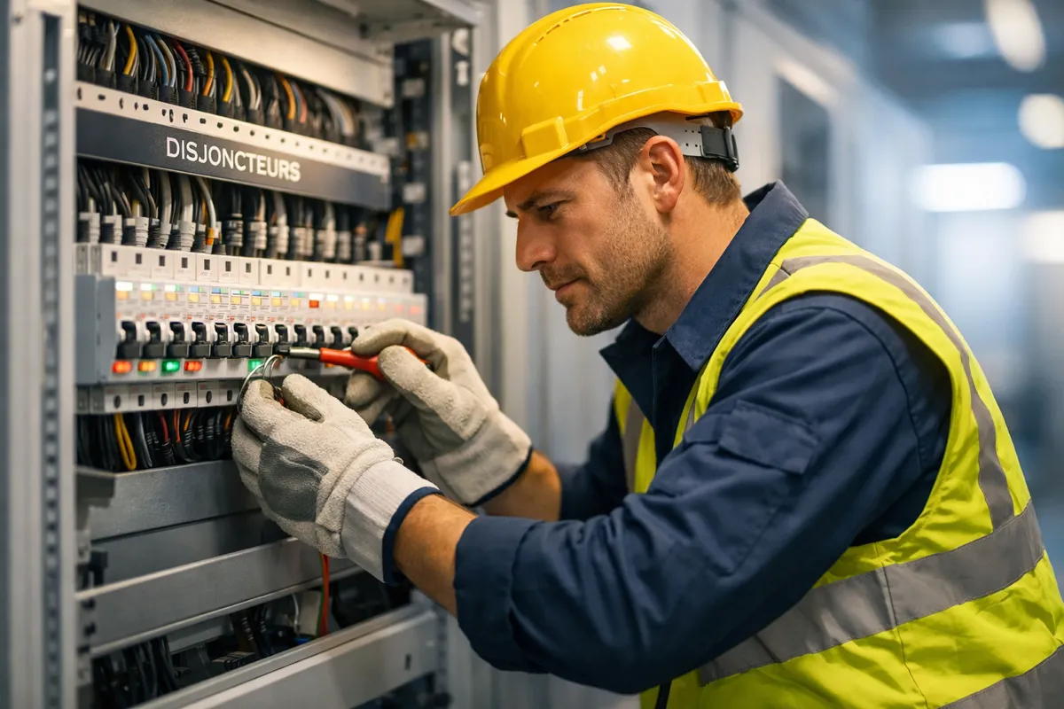 Électricien habilité intervenant sur un tableau de disjoncteurs en sécurité