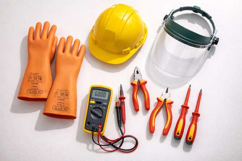 Gants isolants, casque, écran facial, outils isolés et appareil de mesure